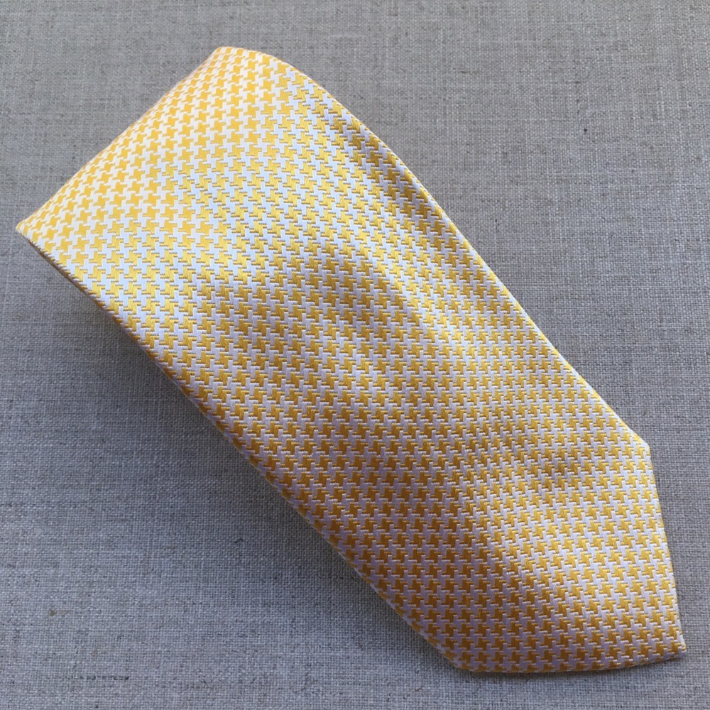 Paul Fredrick White Yellow Houndstooth Silk Tie